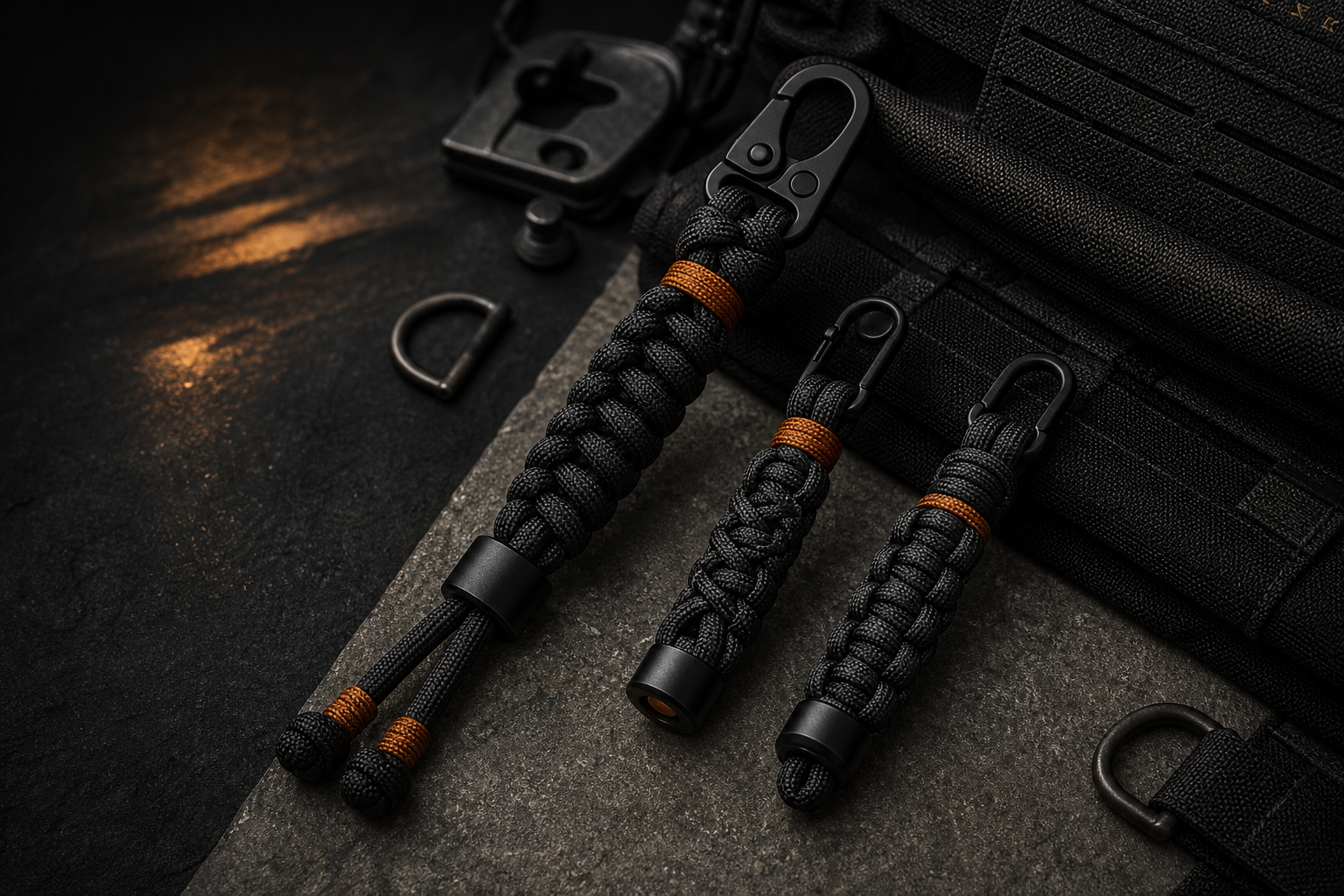 Black handmade paracord lanyards and zipper pulls with burnt amber details on field gear.